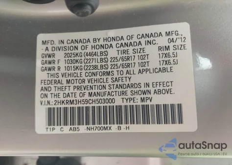 2012 Honda Cr-V Ex z USA, uszkodzony, nr VIN 2HKRM3H59CH503000